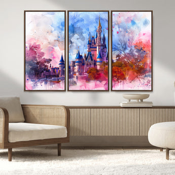 15129-MGV-FC-48X32-3P_Walnut-Disney Castle Wall Art Canvas Print, Framed Cinderella Palace Art Picture Print, Fantasy Kingdom Perfect Whimsical Fairytale Decor