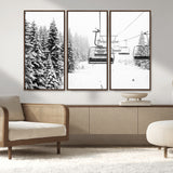 49274-MGV-CV-36X24-Snowy Forest Wall Art Canvas Print, Framed Ski Lift Art Picture Print, Mountain Snow Perfect Minimal Winter Lodge Decor Artwork