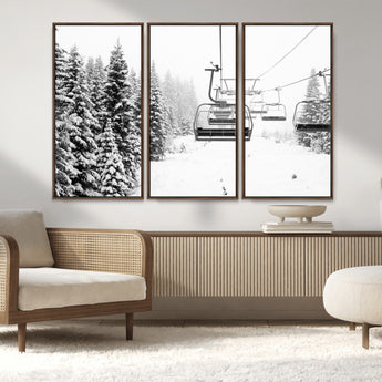 49274-MGV-CV-36X24-Snowy Forest Wall Art Canvas Print, Framed Ski Lift Art Picture Print, Mountain Snow Perfect Minimal Winter Lodge Decor Artwork