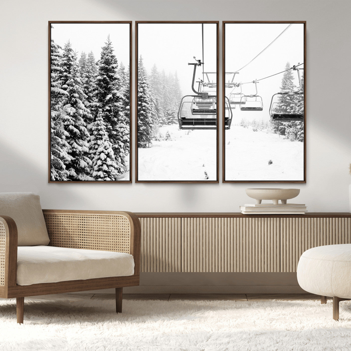 49274-MGV-CV-36X24-Snowy Forest Wall Art Canvas Print, Framed Ski Lift Art Picture Print, Mountain Snow Perfect Minimal Winter Lodge Decor Artwork