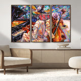 13675-MGV-FC-48X32-3P_Walnut-Jazz Band Wall Art Canvas Print, Framed Jazz Oil Painting Art Picture Print, Vibrant Music Perfect Abstract Musical Decor Artwork