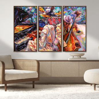 13675-MGV-FC-48X32-3P_Walnut-Jazz Band Wall Art Canvas Print, Framed Jazz Oil Painting Art Picture Print, Vibrant Music Perfect Abstract Musical Decor Artwork