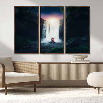 56359-MGV-CV-36X24-Lilo Stitch Wall Art Canvas Print, Framed Stitch Angel Art Picture Print, Cartoon Waterfall Perfect Tropical Fantasy Decor Artwork