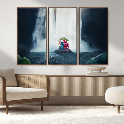 32259-MGV-CV-36X24-Stitch Angel Wall Art Canvas Print, Framed Stitch Waterfall Art Picture Print, Cartoon Couple Perfect Moody Fantasy Decor Artwork