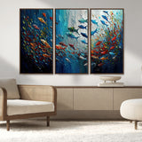 89626-MGV-CV-36X24-Fish Swarm Wall Art Canvas Print, Framed Abstract Ocean Art Picture Print, Underwater Life Perfect Vibrant Coastal Decor Artwork