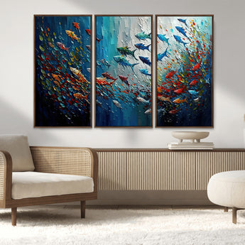 89626-MGV-FC-48X32-3P_Walnut-Fish Swarm Wall Art Canvas Print, Framed Abstract Ocean Art Picture Print, Underwater Life Perfect Vibrant Coastal Decor Artwork