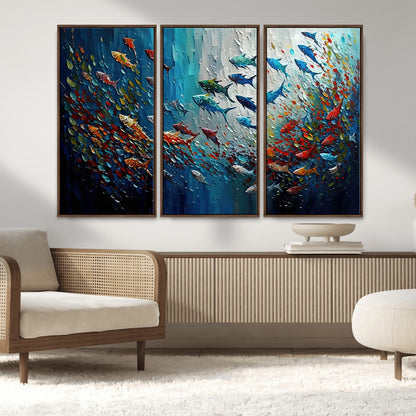 89626-MGV-FC-48X32-3P_Walnut-Fish Swarm Wall Art Canvas Print, Framed Abstract Ocean Art Picture Print, Underwater Life Perfect Vibrant Coastal Decor Artwork