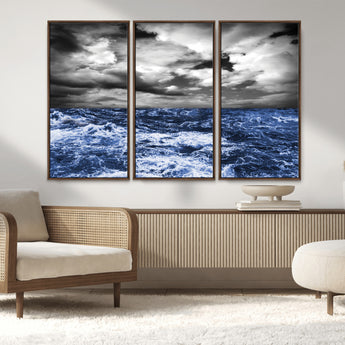 91043-MGV-CV-36X24-Stormy Ocean Wall Art Canvas Print, Framed Moody Seascape Art Picture Print, Monochrome Sea Perfect Coastal Drama Decor Artwork