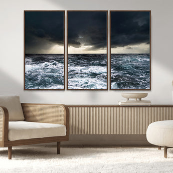 51359-MGV-FC-48X32-3P_Walnut-Stormy Ocean Wall Art Canvas Print, Framed Moody Seascape Art Picture Print, Ocean Storm Perfect Dramatic Coastal Decor Artwork