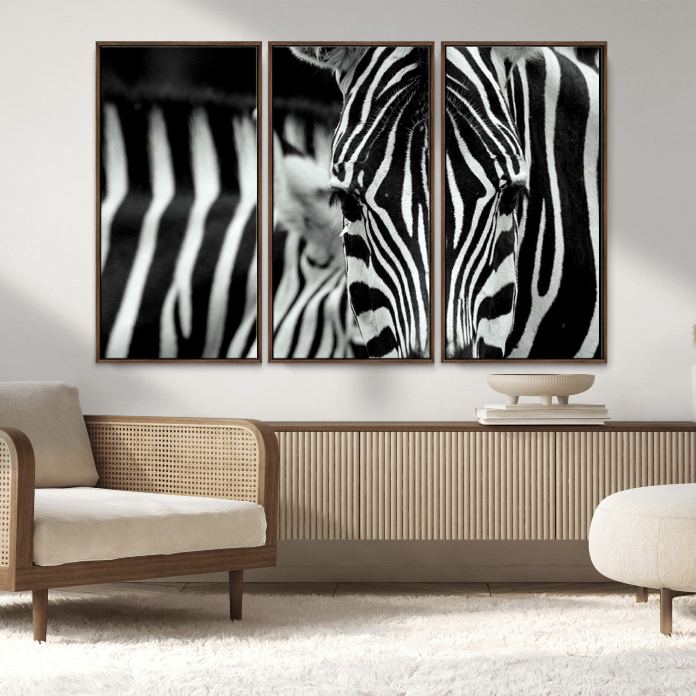 43631-MGV-FC-48X32-3P_Walnut-Zebra Wall Art – Black & White Safari Wildlife Canvas Print, Modern Animal Photography Decor for Living Room, Office, or Bedroom