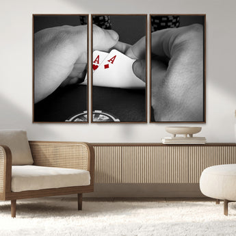 62460-MGV-FC-48X32-3P_Walnut-Poker Game Wall Art – Close Up of Hands Holding Aces with Chips, Casino Style Decor for Game Room, Man Cave or Office