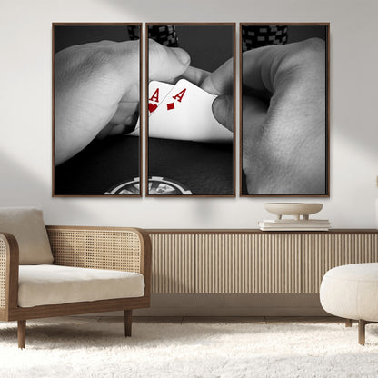 62460-MGV-FC-48X32-3P_Walnut-Poker Game Wall Art – Close Up of Hands Holding Aces with Chips, Casino Style Decor for Game Room, Man Cave or Office