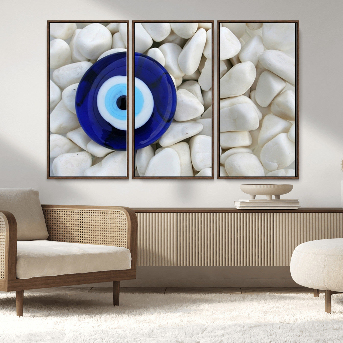 48883-MGV-CV-36X24-Evil Eye Wall Art – Deep Blue Symbol of Presence and Calm on White Stones, Subtle Spiritual Decor for Entryway, Studio, Office or