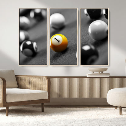 52108-MGV-FC-48X32-3P_Natural-Precision Pool Table Wall Art – Close Up Yellow 1 Ball Canvas Print, Hand-Played Billiards Game Decor for Office, Game Room, or