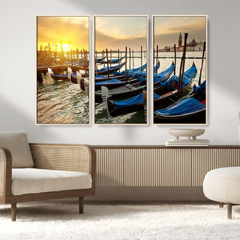 25872-MGV-FC-48X32-3P_Natural-Venetian Gondola Dock Wall Art – Serene Sunset Canal Canvas Print, Tranquil Water Travel Decor for Office, Living Room, or Man