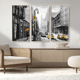 32362-MGV-CV-36X24-NYC Street Wall Art – Black and White Cityscape with Yellow Taxis and Umbrella Canvas Print, Urban Home Decor for Living Room or