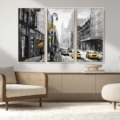 32362-MGV-CV-36X24-NYC Street Wall Art – Black and White Cityscape with Yellow Taxis and Umbrella Canvas Print, Urban Home Decor for Living Room or
