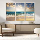 13139-MGV-FC-48X32-3P_Natural-Sunrise Beach Wall Art – Ocean Waves and Golden Sand Canvas Print, Coastal Home Decor for Living Room, Bedroom, or Office