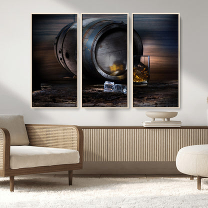 78049-MGV-FC-48X32-3P_Natural-Whiskey Barrel Wall Art – Rustic Whiskey Barrel and Glass with Ice Canvas Print, Classic Bar or Lounge Decor for Home, Office, or