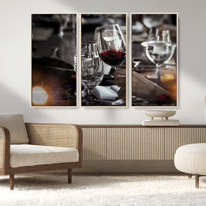 75513-MGV-FC-48X32-3P_Natural-Elegant Wine Toast Wall Art – Close-Up Red Wine Glass at Dinner Table Canvas Print, Sophisticated Dining Room or Bar Decor