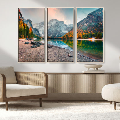 25982-MGV-FC-48X32-3P_Natural-Autumn Mountain Lake Wall Art – Panoramic Fall Foliage and Snowy Peaks Canvas Print, Scenic Nature Decor for Living Room or Office