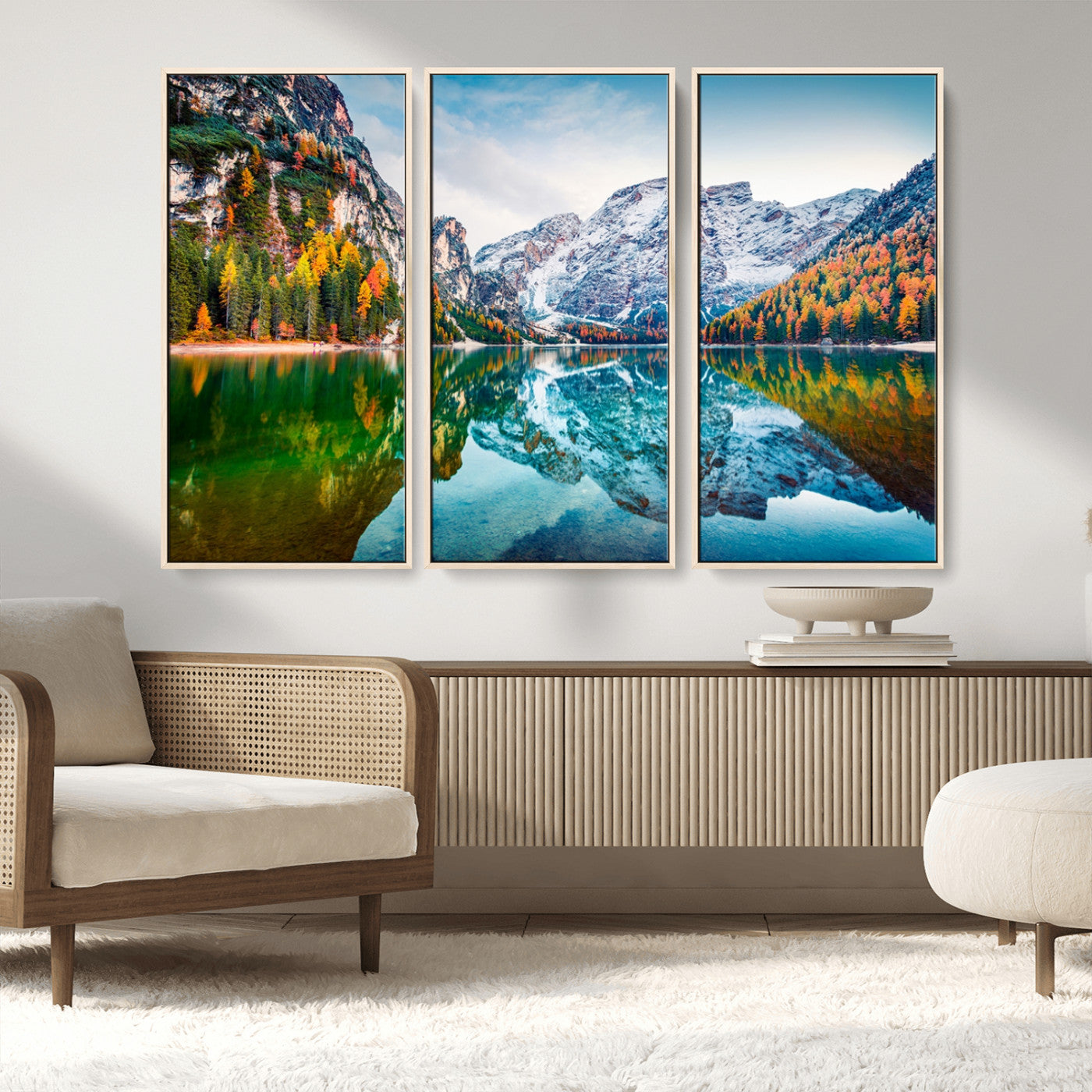 10402-MGV-FC-48X32-3P_Natural-Snowy Mountain Lake Wall Art – Autumn Landscape Canvas Print with Reflection, Nature Decor for Living Room, Office, Bedroom or