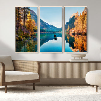 32962-MGV-FC-48X32-3P_Natural-Mountain Lake Wall Art – Tranquil Autumn Landscape Canvas Print, Nature Reflection Decor for Living Room, Bedroom, Office or Cabin