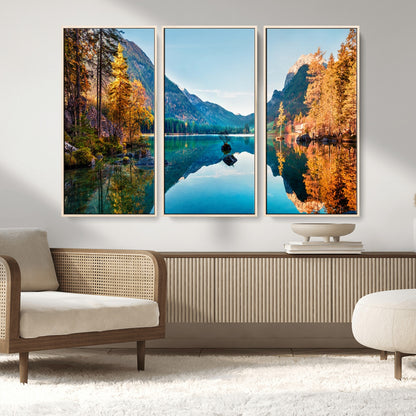 32962-MGV-FC-48X32-3P_Natural-Mountain Lake Wall Art – Tranquil Autumn Landscape Canvas Print, Nature Reflection Decor for Living Room, Bedroom, Office or Cabin
