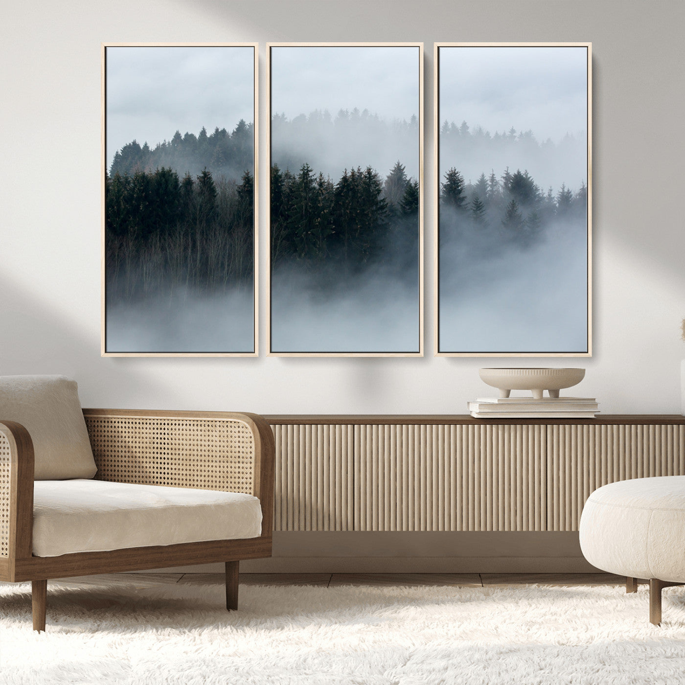 42596-MGV-FC-48X32-3P_Natural-Misty Forest Wall Art – Atmospheric Pine Trees Canvas Print, Nature Landscape Decor for Living Room, Bedroom, Office, or Cabin