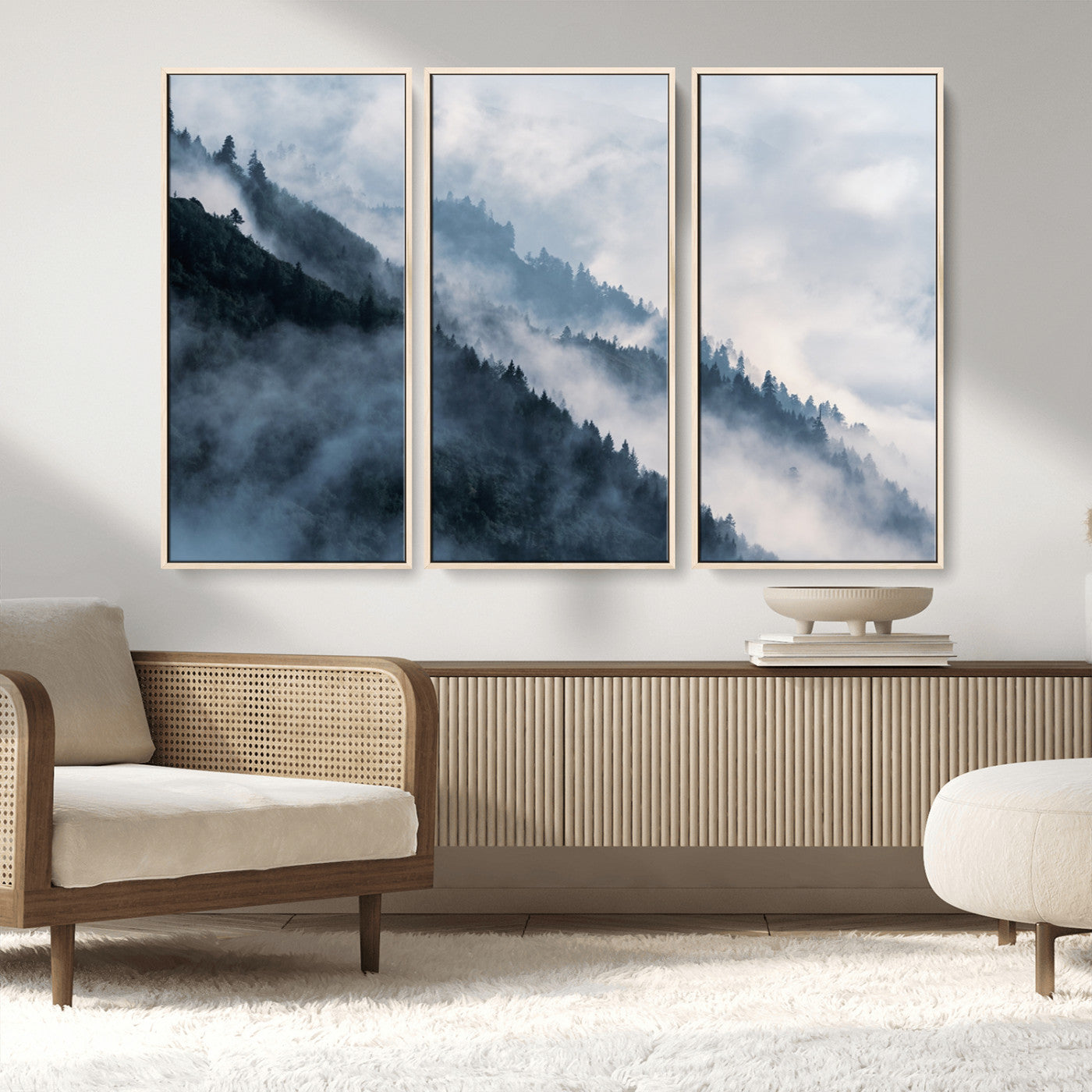 85737-MGV-FC-48X32-3P_Natural-Misty Mountain Wall Art – Atmospheric Pine Forest Canvas Print with Fog and Mist, Calm Nature Decor for Living Room, Bedroom,