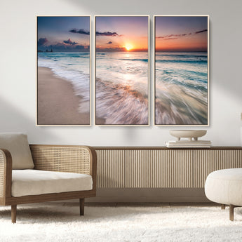 71849-MGV-FC-48X32-3P_Natural-Sunrise Ocean Beach Wall Art – Serene Seascape Canvas Print with Gentle Waves, Coastal Nature Decor for Bedroom, Living Room or
