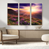 49741-MGV-FC-48X32-3P_Natural-Mountain Sunrise Wall Art – Vibrant Floral Landscape Canvas Print, Nature Home Decor for Living Room, Bedroom Office or Cabin