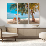 69754-MGV-FC-48X32-3P_Natural-Tropical Beach Wall Art – Relaxing Palm Tree and Lounge Chairs Canvas Print, Serene Coastal Decor for Living Room, Bedroom, Office