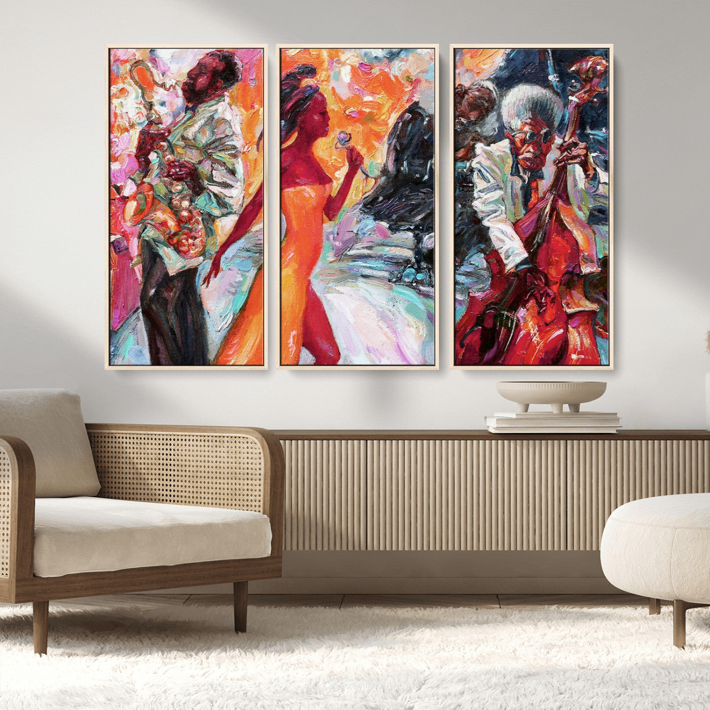 24452-MGV-CV-36X24-Vibrant Jazz Musician Painting - Expressive Art Print of Live Jazz Band, Perfect Wall Decor for Music Lovers and Art Enthusiasts