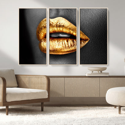 84747-MGV-CV-36X24-Golden Lips Black & White Portrait – Glamorous Metallic Lip Art Print, Modern Wall Decor for Bedroom, Beauty & Fashion Lover Gift