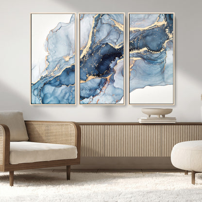 33782-MGV-FC-48X32-3P_Natural-Abstract Marble Wall Art – Blue & Gold Fluid Painting Canvas Print, Modern Home Decor for Living Room, Bedroom or Office