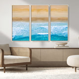 43046-MGV-FC-48X32-3P_Natural-Aerial Beach Wall Art – Serene Ocean Waves & Sandy Shore Canvas Print, Coastal Home Decor for Living Room, Bedroom or Office
