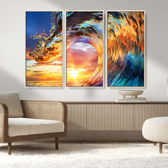 52890-MGV-CV-36X24-Surfing Wave Wall Art Canvas Print, Framed Sunset Ocean Art Picture Print, Ocean Wave Perfect Nautical Decor Artwork