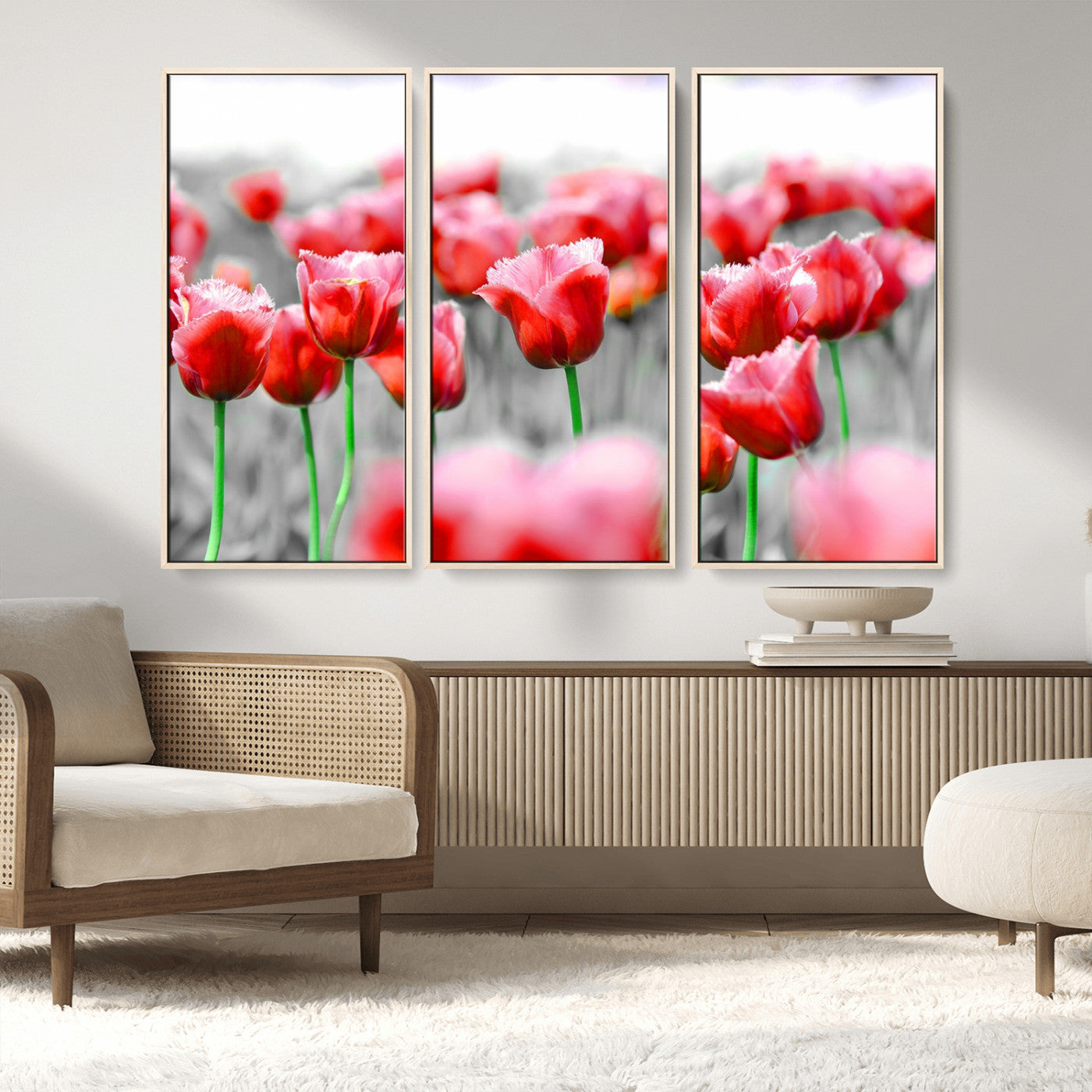 44554-MGV-FC-48X32-3P_Natural-Vibrant red tulips stand out beautifully against a black-and-white background, making a striking decor piece perfect for any home
