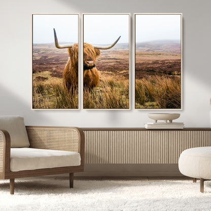 79391-MGV-FC-48X32-3P_Natural-Majestic Highland Cow in Misty Scottish Moorland – Rustic Natural Charm, Perfect for Unique Home or Office Decor