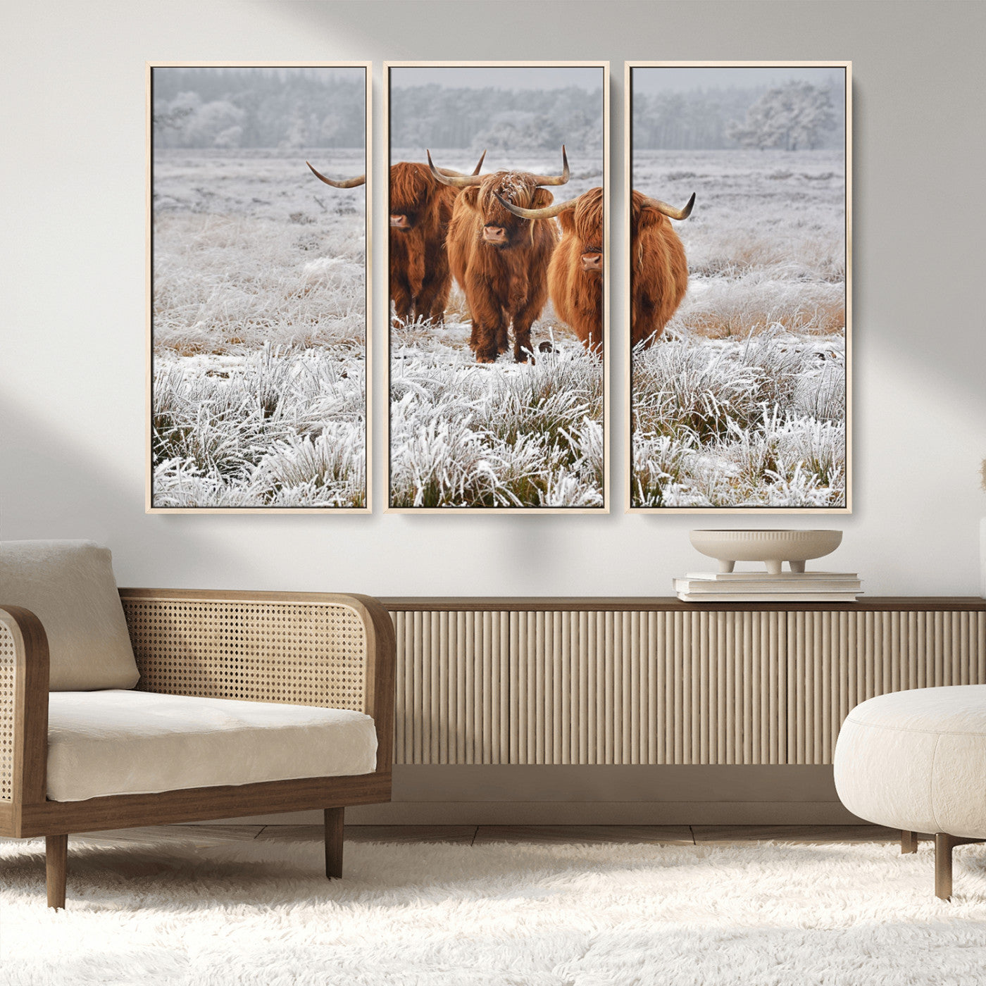 10396-MGV-FC-48X32-3P_Natural-Highland Cattle Wall Art – Rustic Winter Landscape Canvas Print, Farmhouse Decor for Living Room, Office, Cabin or Country Home