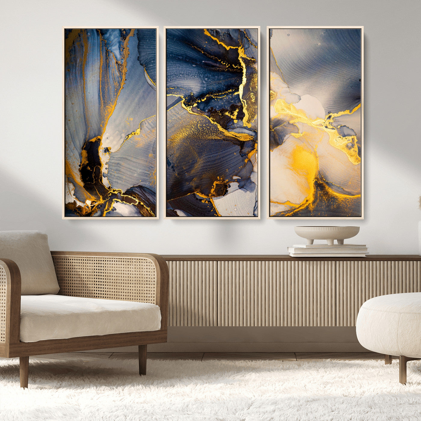 42100-MGV-CV-36X24-Golden Flow Abstract Wall Art – Panoramic Modern Blue and Gold Canvas Print, Contemporary Artistic Decor for Home, Office