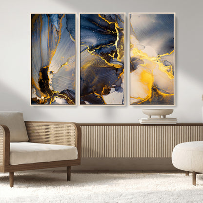 42100-MGV-CV-36X24-Golden Flow Abstract Wall Art – Panoramic Modern Blue and Gold Canvas Print, Contemporary Artistic Decor for Home, Office