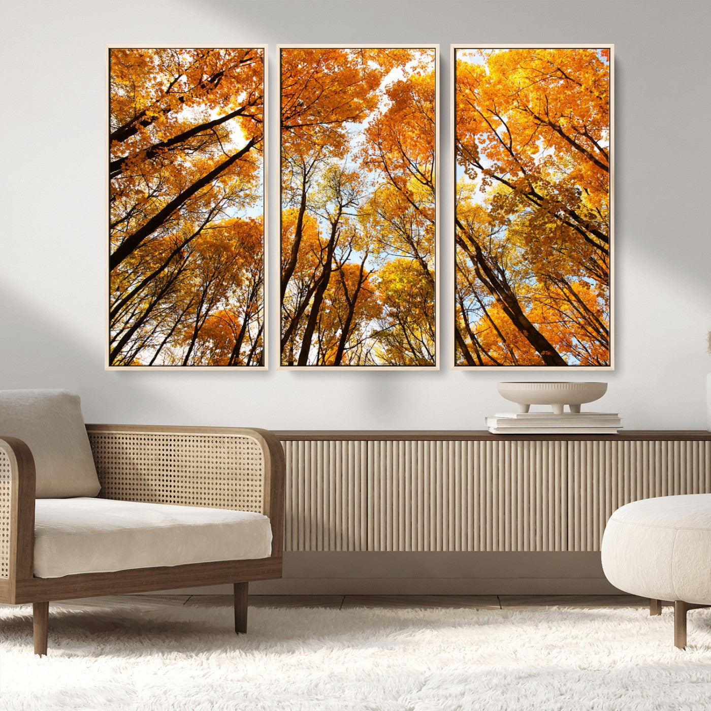 11823-MGV-FC-48X32-3P_Natural-Golden Autumn Tree Canopy Wall Art – Stunning Fall Forest Leaves Print, Warm Seasonal Nature Decor for Home, Office or Cabin