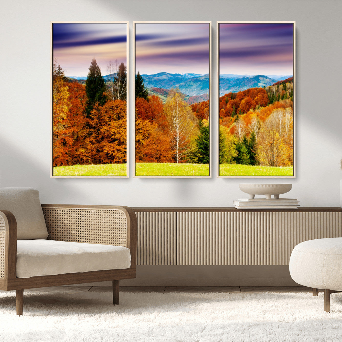 58007-MGV-FC-48X32-3P_Natural-Autumn Mountain Landscape Wall Art – Stunning Fall Forest Canvas Print, Cozy Nature Decor for Home or Office