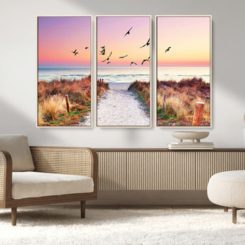 54411-MGV-FC-48X32-3P_Natural-Coastal Path Sunrise Wall Art – Serene Ocean Canvas Print, Beach Landscape Decor for Living Room, Bedroom or Office, Peaceful