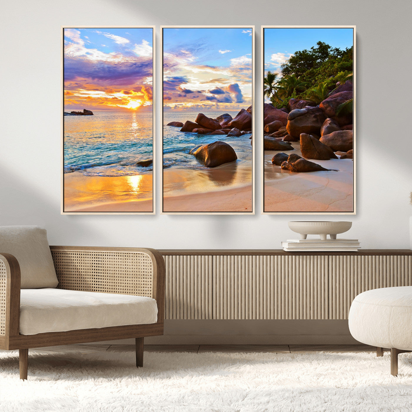 43209-MGV-CV-36X24-Tropical Beach Sunset Wall Art – Golden Ocean Waves and Palm Trees with Rocky Shore Canvas Print, Coastal Seascape Decor for