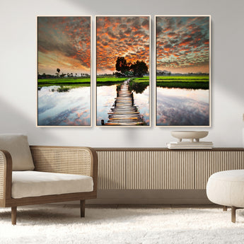 29105-MGV-CV-36X24-Rustic Wooden Bridge Wall Art – Scenic Sunset Over Rice Fields and Reflective Water Canvas Print, Nature Landscape Decor for