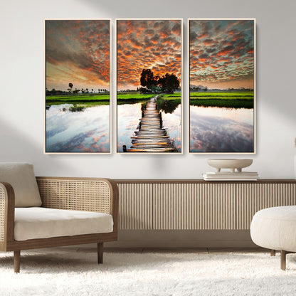 29105-MGV-CV-36X24-Rustic Wooden Bridge Wall Art – Scenic Sunset Over Rice Fields and Reflective Water Canvas Print, Nature Landscape Decor for