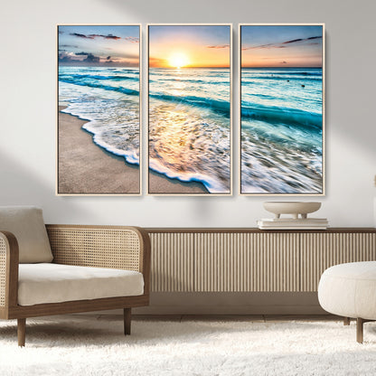 27815-MGV-CV-36X24-Ocean Sunrise Beach Wall Art – Serene Coastal Canvas Print with Waves and Golden Morning Light, Relaxing Seascape Decor for